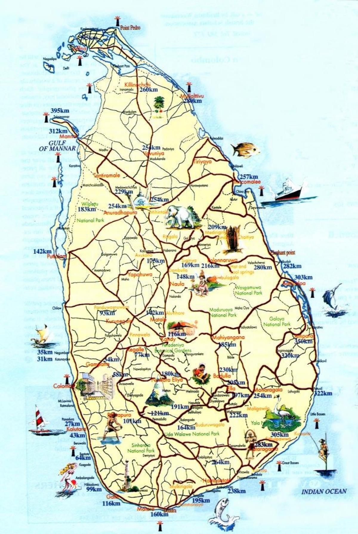 kat jeyografik la touris nan Sri Lanka yo ak vil yo